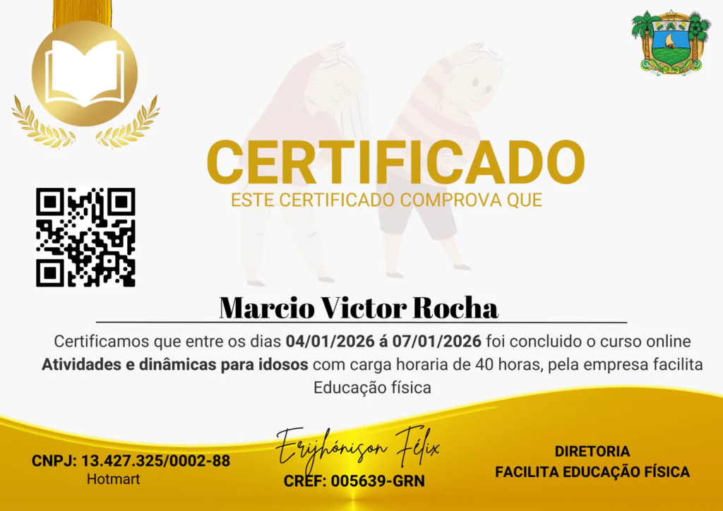 Modelo do certificado de conclusão do curso Atividades e dinâmicas para idosos, com carga horária de 40 horas